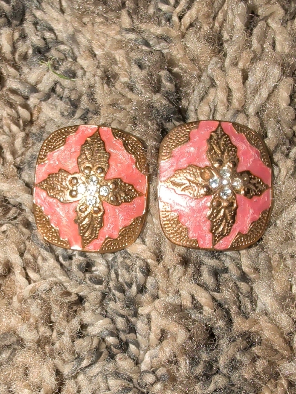 Vintage Byzantine Style Gold-Tone Pink Enamel Floral Clip On Earrings